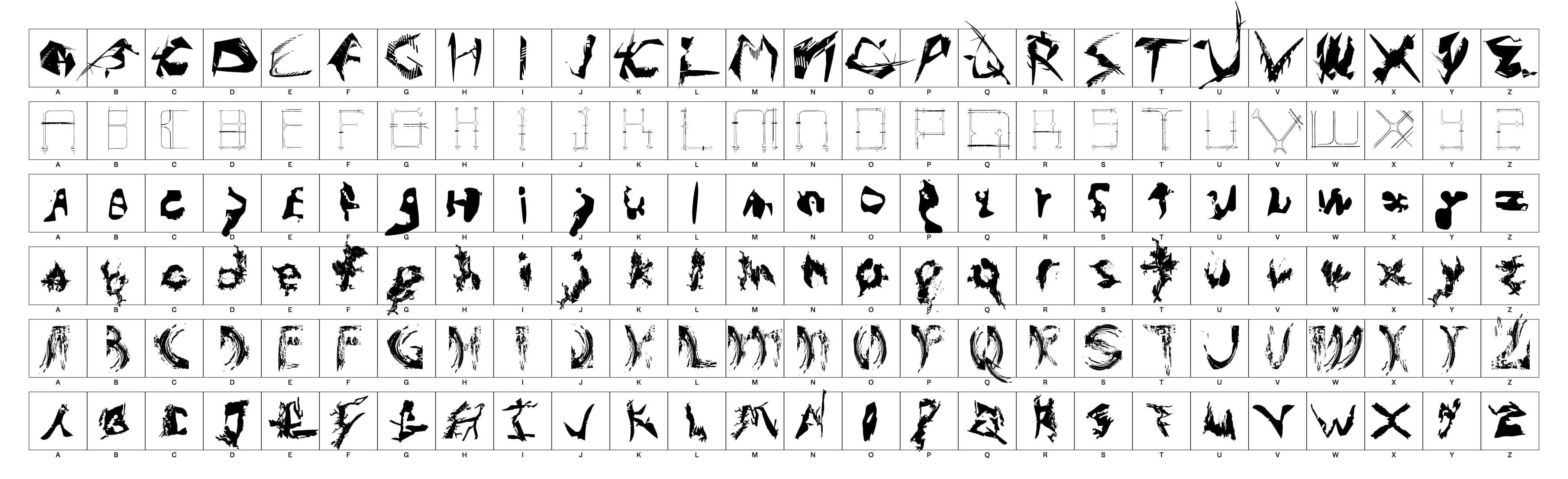 Full alphabet for all six fonts